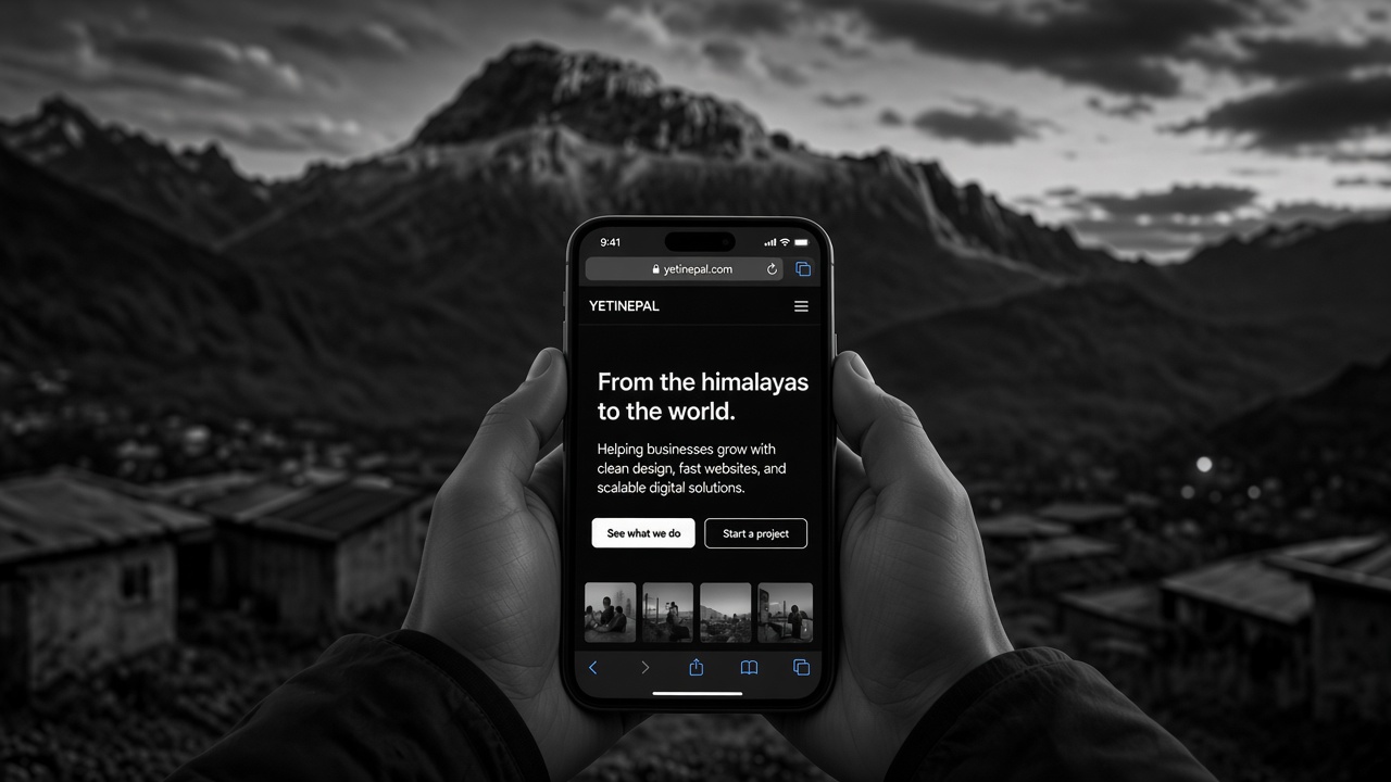 Hands holding a phone in Pokhara, with the YetiNEPAL mobile website on screen and Himalayan mountains behind.