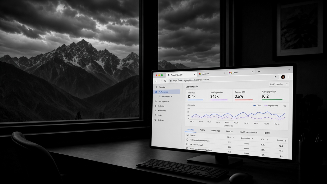 Google Search Console Search results dashboard on a monitor in a Pokhara studio, with Himalayan ridges in the window.