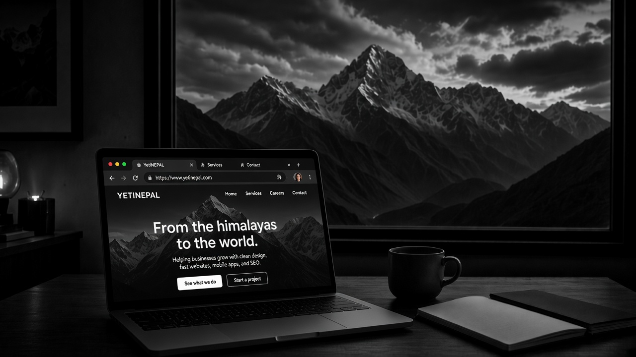 Laptop on a desk in Pokhara with Himalayan mountains outside the window, showing the YetiNEPAL homepage.